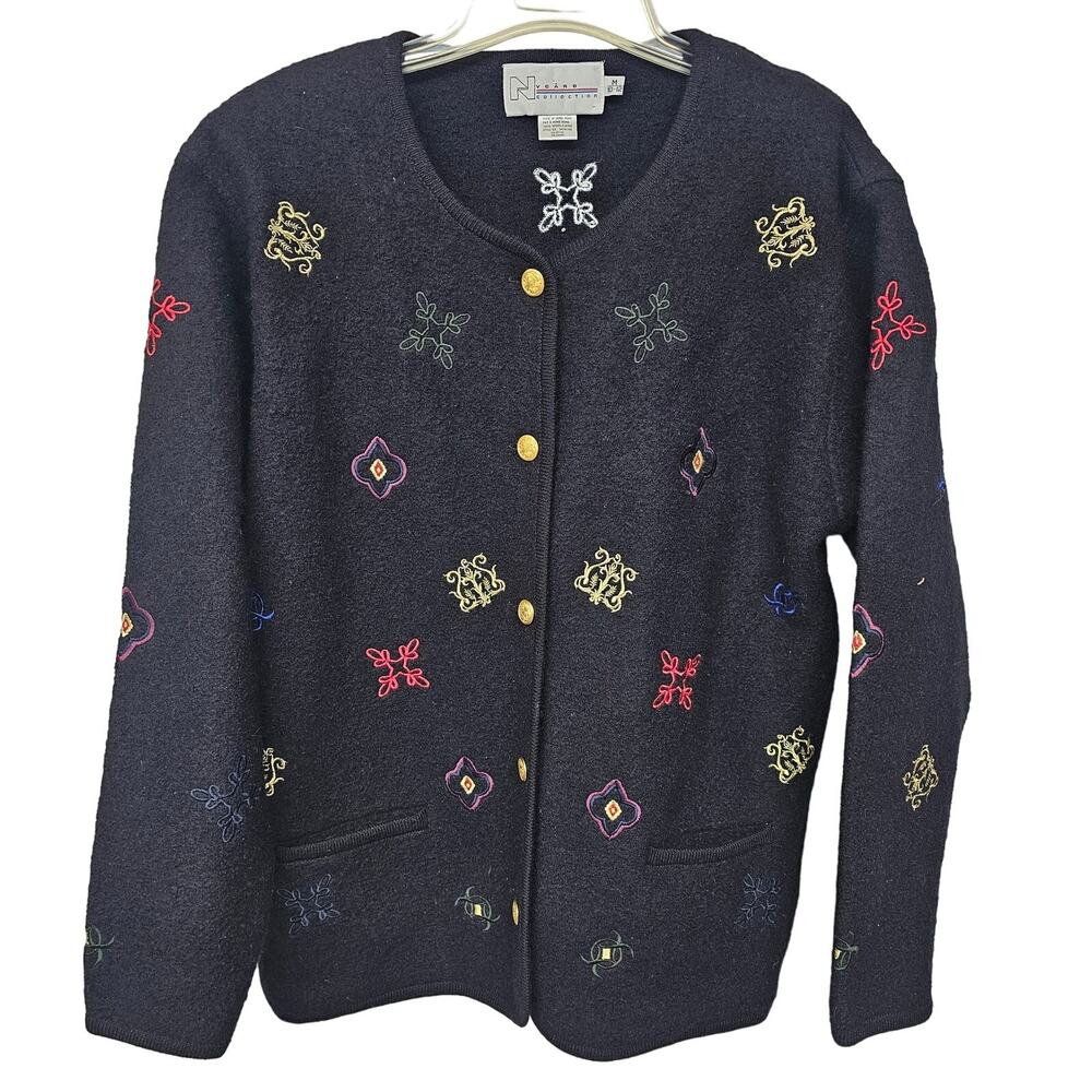 Vintage Wool Embroidered Cardigan Womens Medium‎ Black Whimsigoth Office